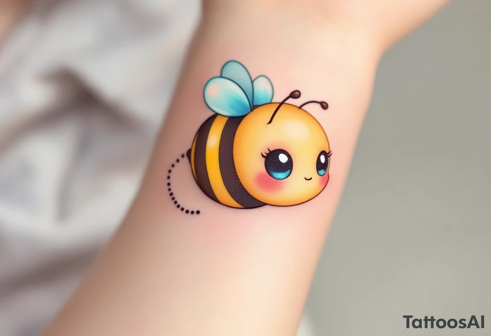 A cute bee tattoo with a plump, round yellow-and-black striped body, tiny white wings with a soft blue shimmer, big glossy black eyes, blushing pink cheeks, and a tiny dotted flight trail curling playfully behind it. tattoo idea