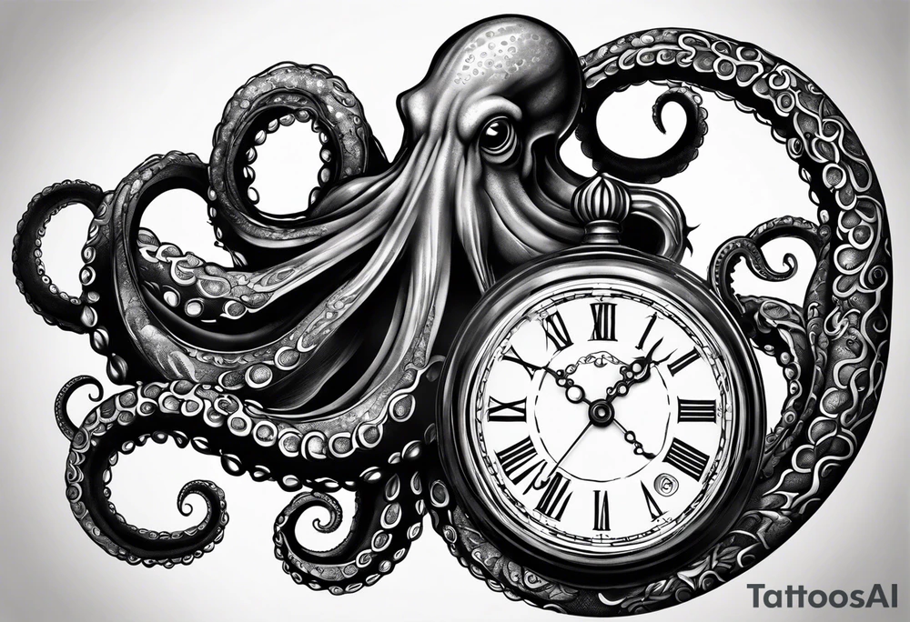 to be drawn in the arm, pocket watch wrapped under an aggressive octopus in side view tattoo idea