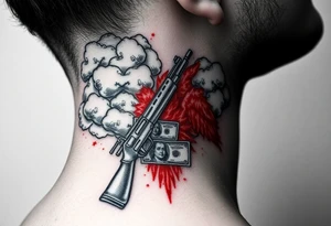 deepfull description of details with clouds,fire guns, money,angels and red tattoo idea