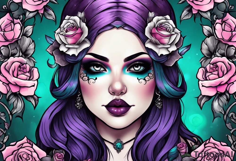 Chubby gothic girl, roses, skulls, teal, pink, purple tattoo idea