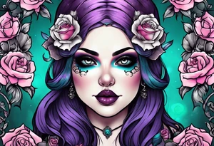 Chubby gothic girl, roses, skulls, teal, pink, purple tattoo idea