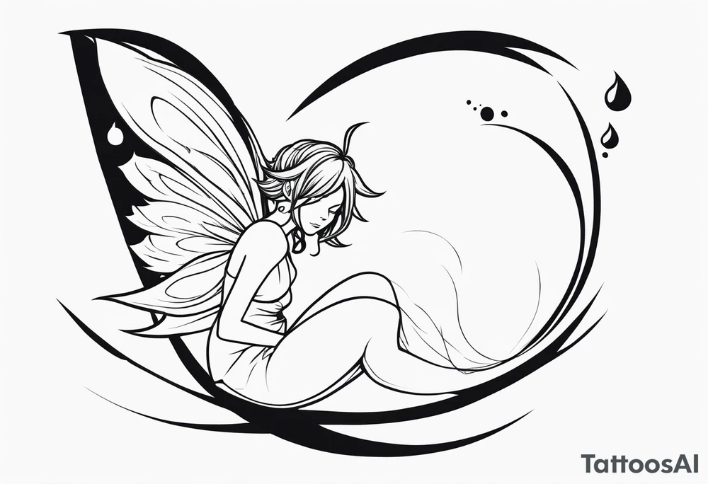 No color fairy with a tail inspired by the logo of the  show called Fairy Tail in a fetal position leaning in and forward while in the air floating and sleeping tattoo idea