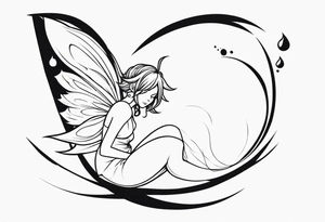 No color fairy with a tail inspired by the logo of the  show called Fairy Tail in a fetal position leaning in and forward while in the air floating and sleeping tattoo idea