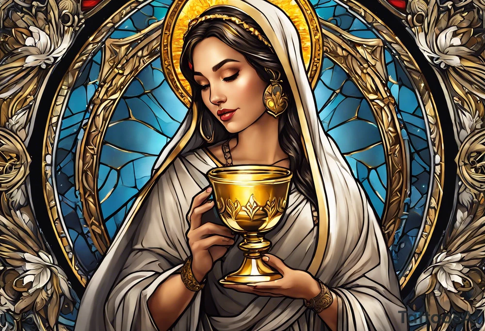woman saint holding chalice surrounded by golden halo sideways tattoo idea