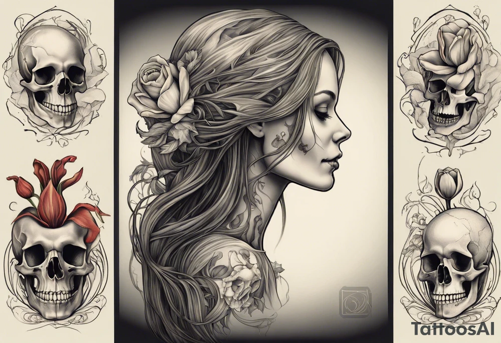 A profile view of a smiling female skull adorned with flowing, long hair, surrounded by symbolism representing the cycle of life and decay. Include a contrast between a fully decayed tulip, a pristine and vibrant tulip in full bloom, and a delicate tulip bud, all harmonizing with the eerie yet beautiful ambiance of the scene. tattoo idea