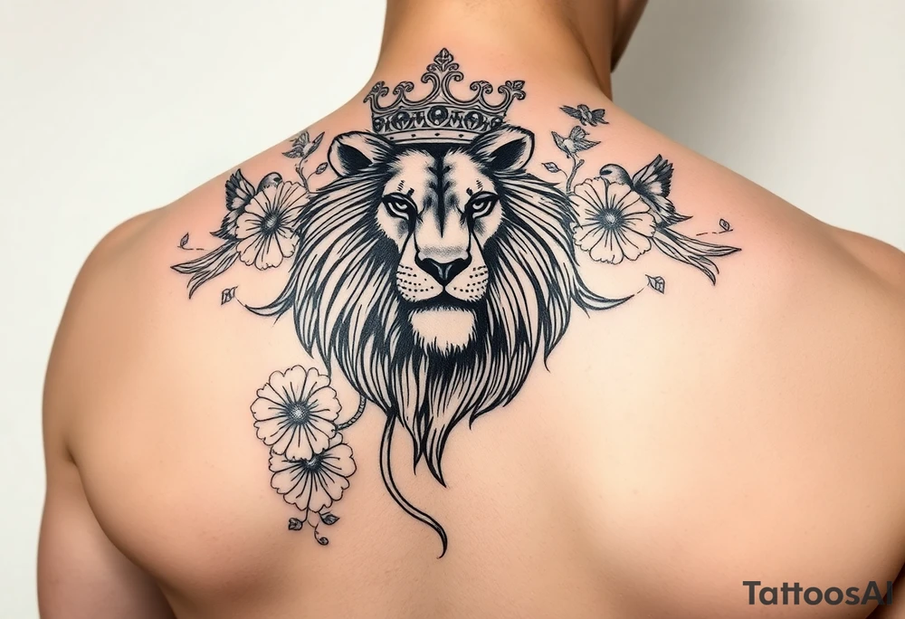 powerful majestic lion with a crown, surrounded by floral ornaments and birds tattoo idea