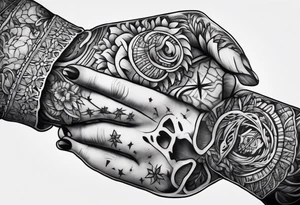 a human hand and a skeleton hand handshaking tattoo idea