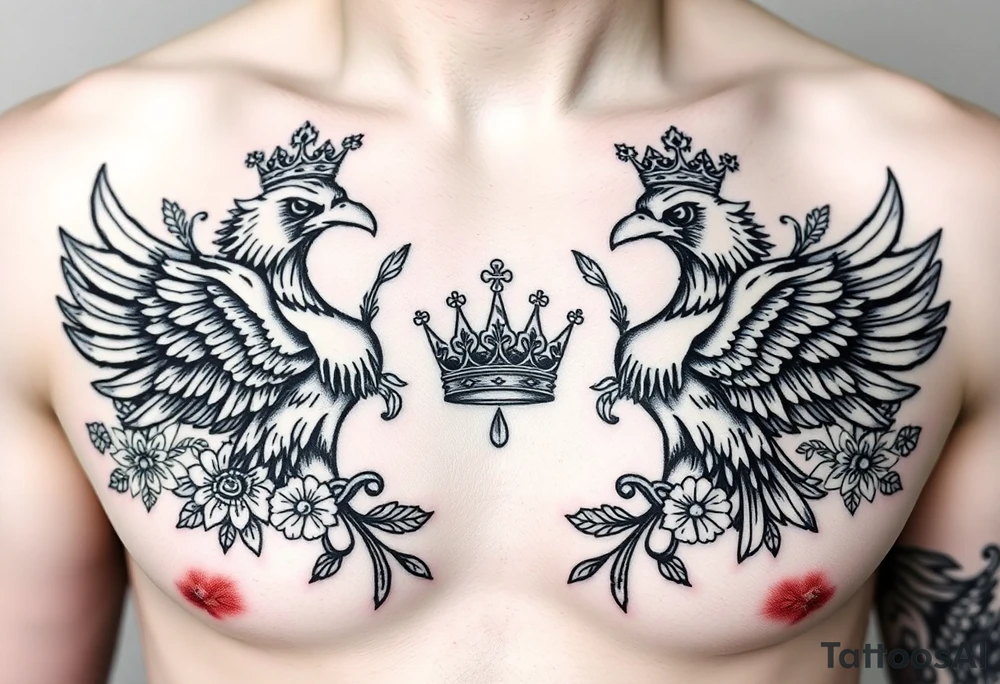 Chest tattoo,powerful two symetrical majestic eagles with a crowns, surrounded by floral ornaments and lure, between eagles a crown tattoo idea