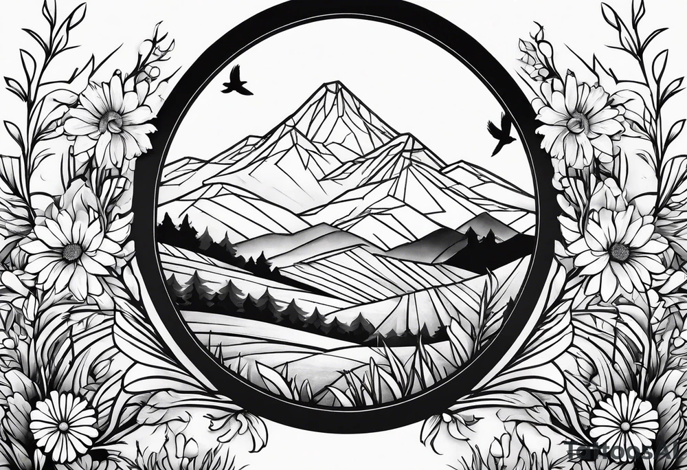 Geometric small bird in a grass and daisy field with Mountain View behind tattoo idea