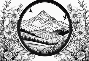 Geometric small bird in a grass and daisy field with Mountain View behind tattoo idea