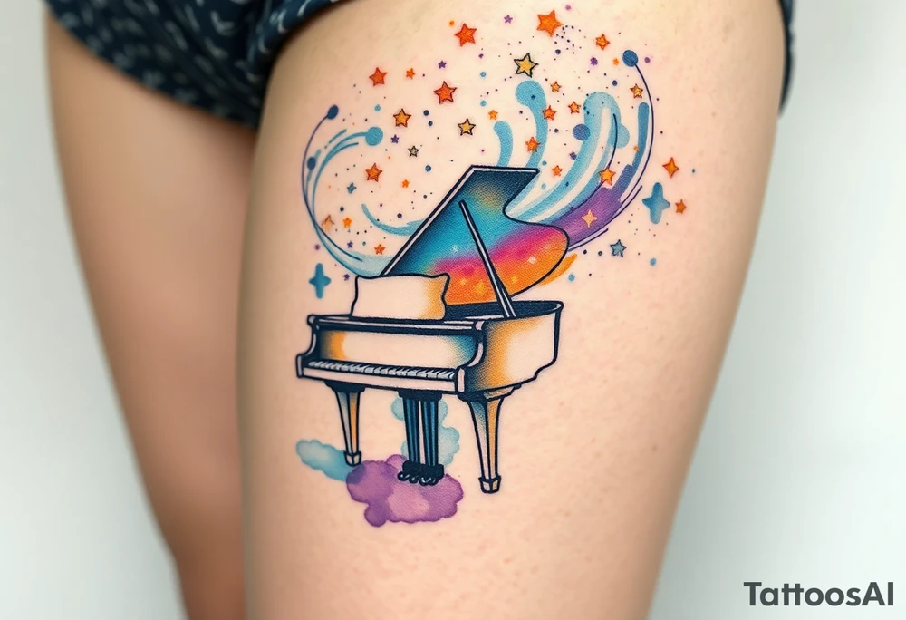 a grand piano under a swirl of stars tattoo idea