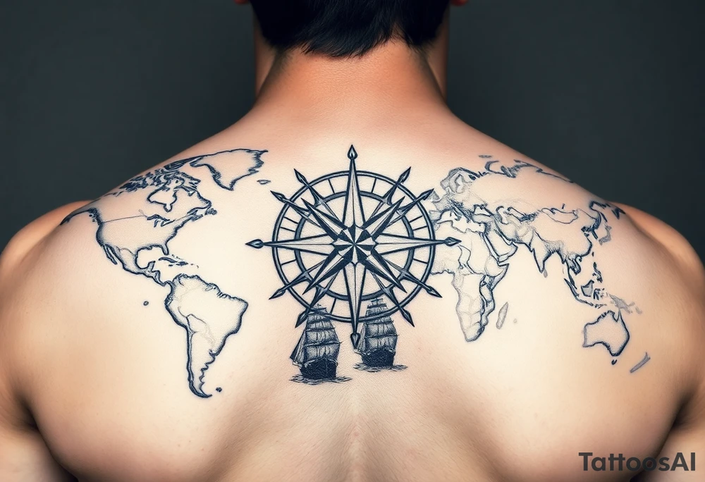 antique compass rose overlaid on weathered world map with sailing ships tattoo idea
