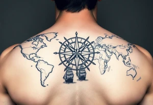 antique compass rose overlaid on weathered world map with sailing ships tattoo idea