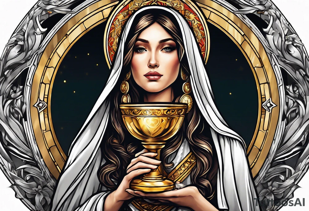 woman saint holding chalice surrounded by golden halo portrait tattoo idea