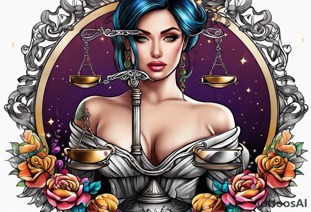 Intricate libra scales held by a beautiful woman tattoo idea