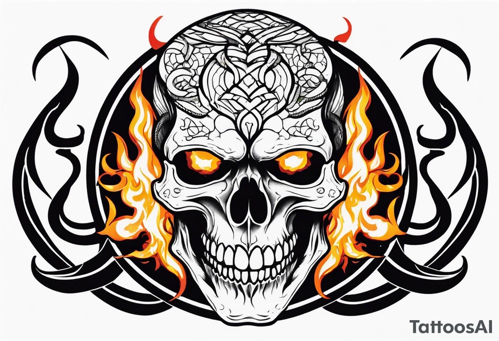 Skull with burning flames in mouth and snake through its eyes tattoo idea