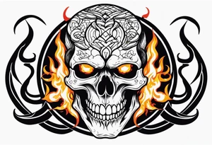 Skull with burning flames in mouth and snake through its eyes tattoo idea