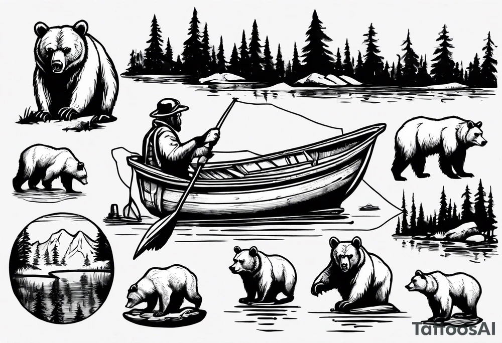 bear, forest, lake, small man on a fishing boat, appalachia tattoo idea