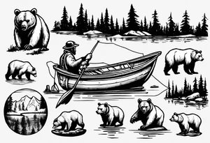 bear, forest, lake, small man on a fishing boat, appalachia tattoo idea