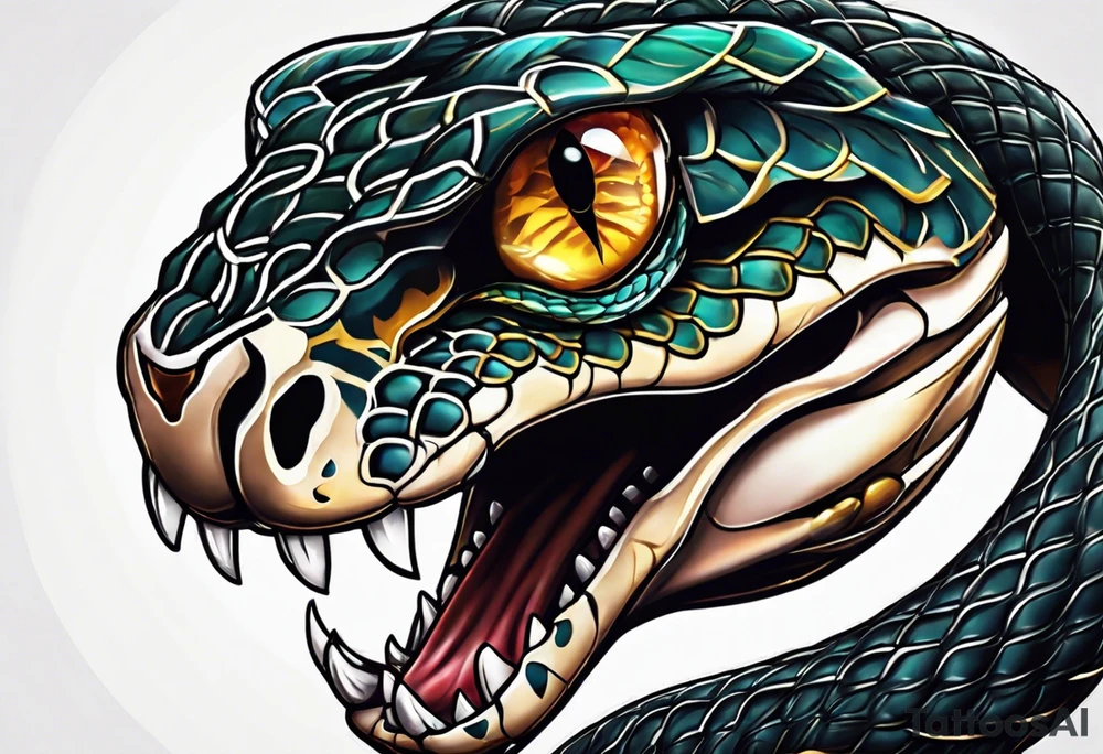 Snake intertwined into a realistic skull coming through the eye ready to strike tattoo idea