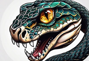 Snake intertwined into a realistic skull coming through the eye ready to strike tattoo idea