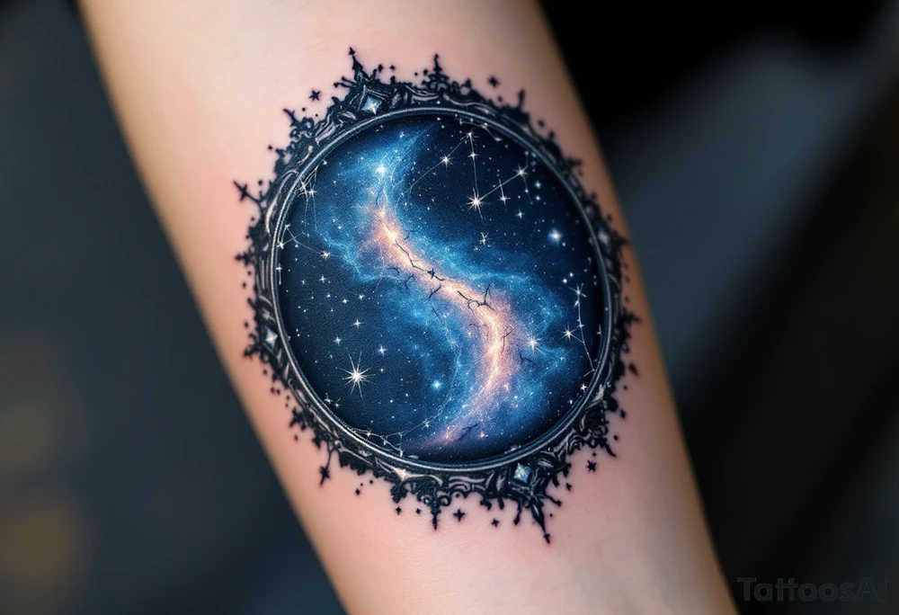 The Sagittarius star constellation embedded in a circular night-sky portal with dark blue and silver shading. tattoo idea