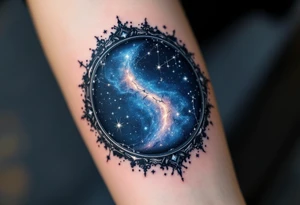 The Sagittarius star constellation embedded in a circular night-sky portal with dark blue and silver shading. tattoo idea