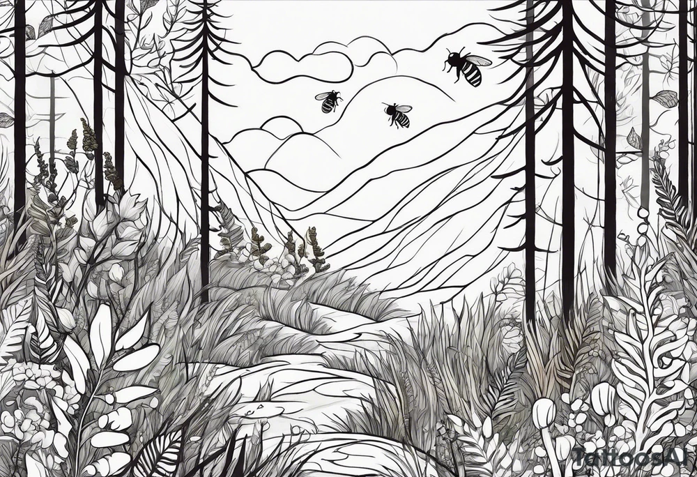 forest floor inspired minimalist tattoo, which includes grass, curly ferns, moss and dead leaves as the bulk of the tattoo. details to include: forest berries, a tiny bumblebee flying nearby, three small brown mushrooms
Generate a vertically long one tattoo idea