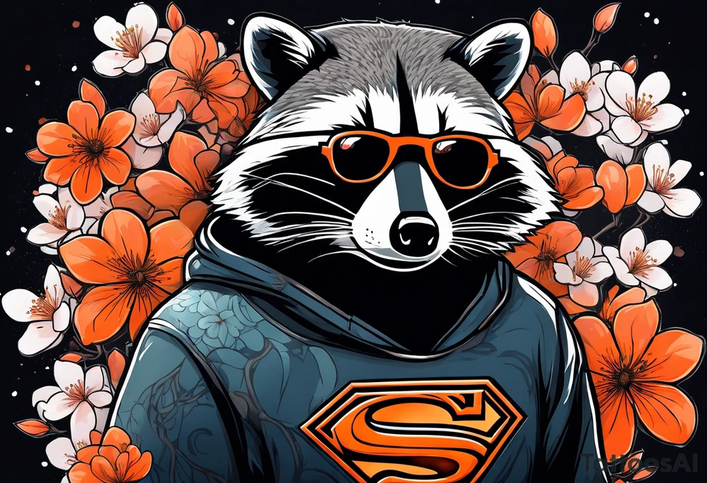 Raccoon wearing a white Superman logo on a black hoodie and orange Japanese cherry blossoms beside tattoo idea