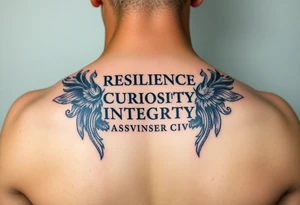 RESILIENCE CURIOSITY INTEGRITY
PASSION SINCERITY CONFIDENCE
RELIABILITY COMPASSION SINCERITY
HONESTY PERSEVERANCE DETERMINATION tattoo idea