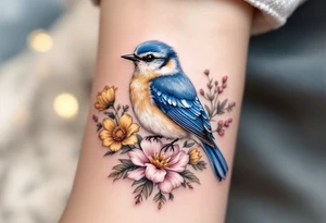 Puffy bluebird surrounded by wild flowers tattoo idea