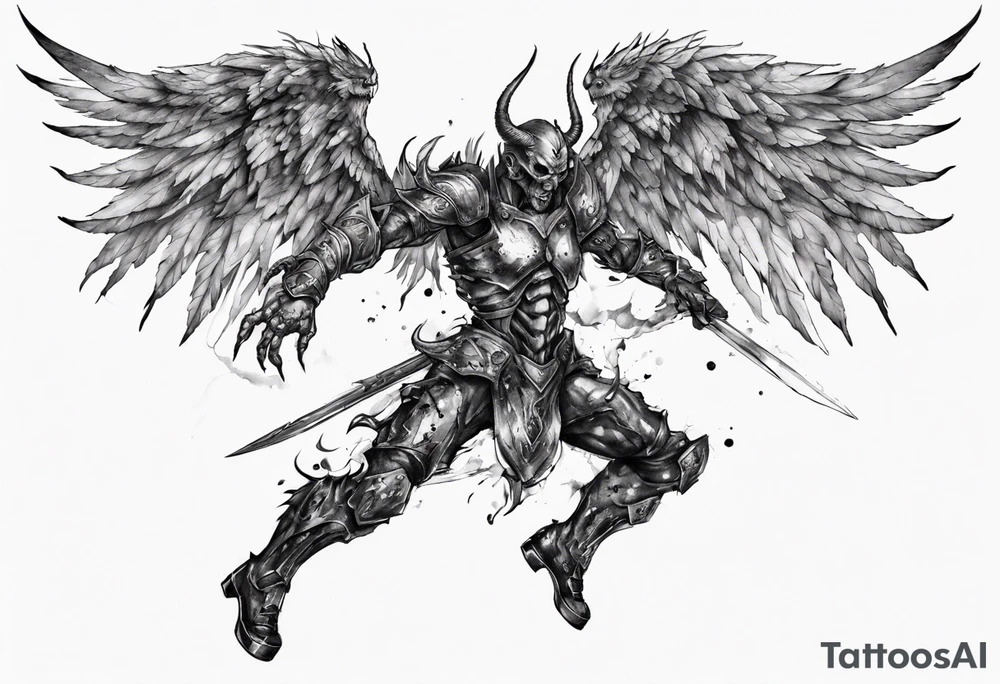 Side view of a demon angel wearing inorganic armor that is in mid-air with his weapon in attack position. tattoo idea