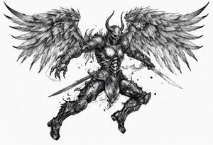 Side view of a demon angel wearing inorganic armor that is in mid-air with his weapon in attack position. tattoo idea