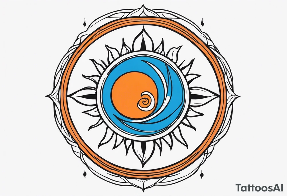 I'd like a tattoo of an orange sun with a blue ohm symbol superimposed on it. The sun should be behind the ohm symbol. tattoo idea