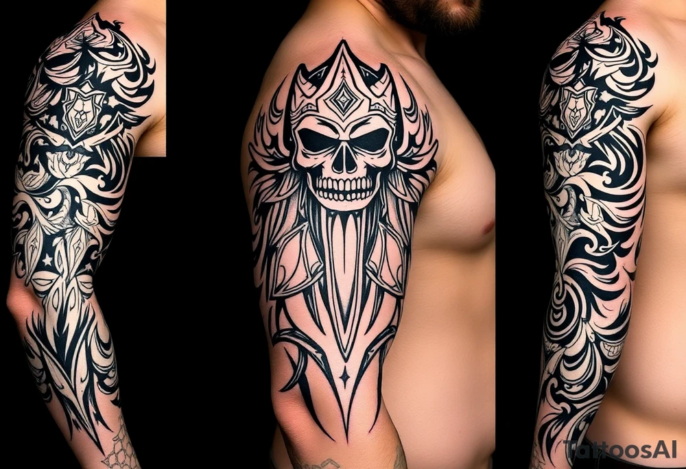 Bray Wyatt The Fiend top center piece of sleeve with Polynesian tribal design surrounding covering up old tattoo tattoo idea