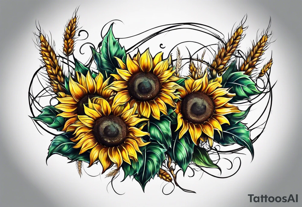 Sunflower, wheat, and barbed wire half sleeve tattoo idea