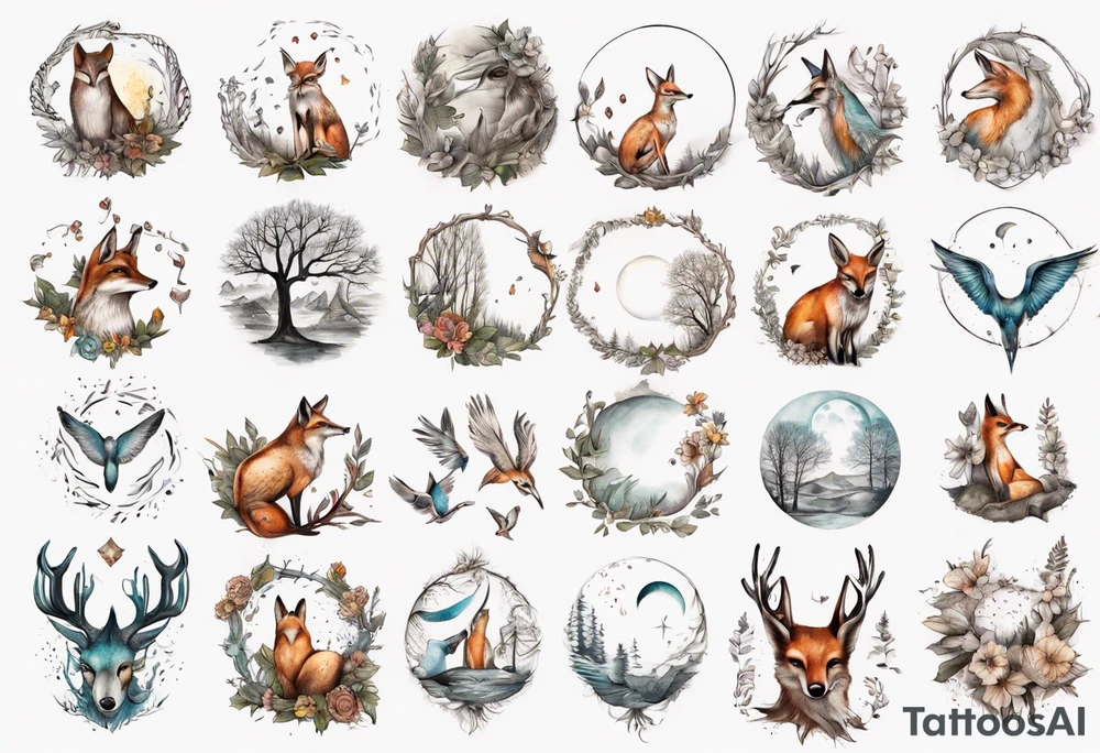 wasser, sonne, mond, fuchs, eule kolibri, wald, hirsch, blume des lebens, 
baum, berlin tattoo idea