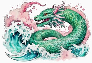 a gentle green-eyed Falkor serpent hybrid with turquoise and pink scales emerging from the stormy sea tattoo idea