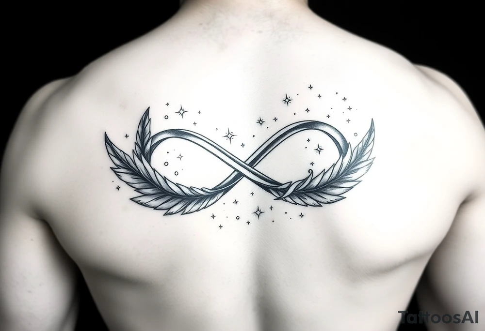 a manly infinity symbol woven with floating feathers and stardust tattoo idea