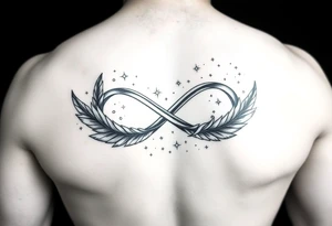 a manly infinity symbol woven with floating feathers and stardust tattoo idea