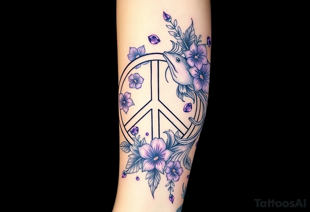 peace symbol filled with day prints and purple, Pisces symbol, intertwined with violets, amethyst, initials csb in cursive font tattoo idea
