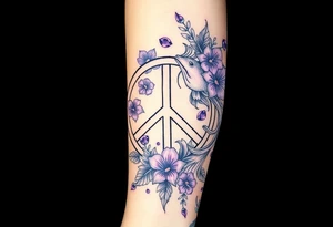 peace symbol filled with day prints and purple, Pisces symbol, intertwined with violets, amethyst, initials csb in cursive font tattoo idea