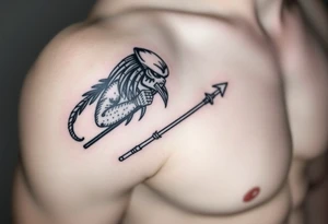 Predator with staff pointing towards sky with lighting bolt tattoo idea