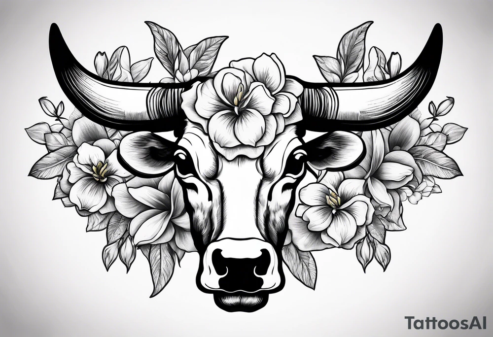 bluebonnet flowers and magnolia flowers with cow skull tattoo idea