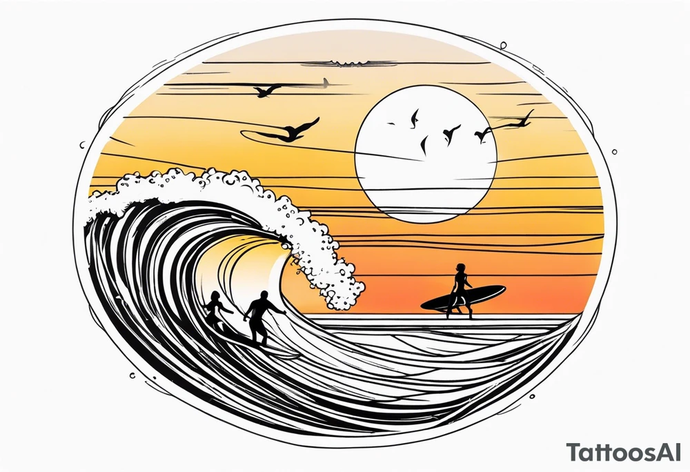 Black and white Line work tattoo depicting a father surfing with his two daughters.  The sunset and horizon have musical notes. tattoo idea