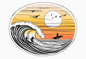 Black and white Line work tattoo depicting a father surfing with his two daughters.  The sunset and horizon have musical notes. tattoo idea