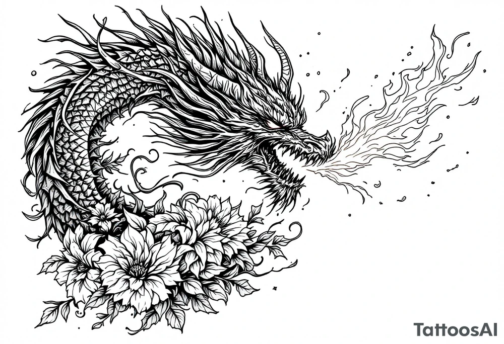 majestic scary dragon blowing fire with flowers tattoo idea