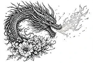 majestic scary dragon blowing fire with flowers tattoo idea