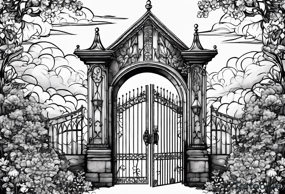 night medieval town garden gate entrance
in circle vignette surrounded by clouds floral tattoo idea