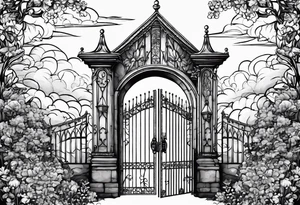 night medieval town garden gate entrance 
 in circle vignette surrounded by clouds floral tattoo idea